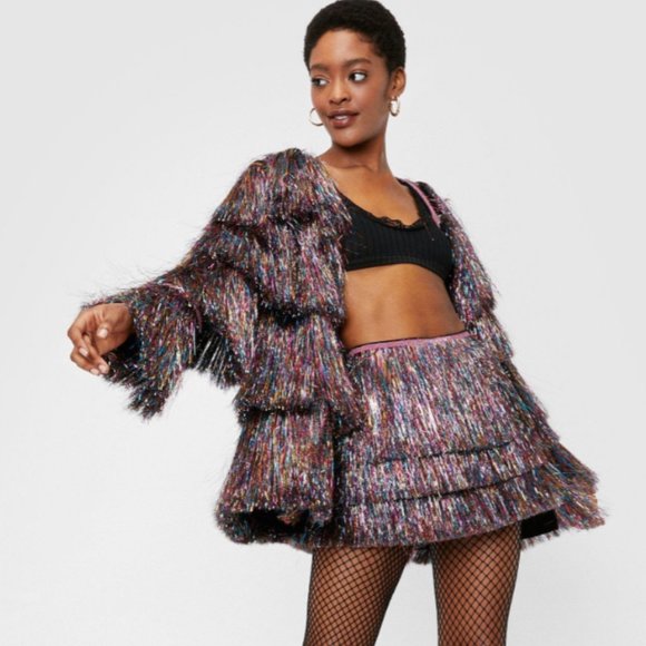 NWT Nasty Gal Metallic Tiered Tinsel Fringe Open Front Jacket - Picture 5 of 11